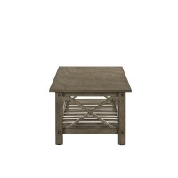 Viki 47 Inch Gray Coffee Table, Crossed Accents, Slatted Open Bottom Shelf