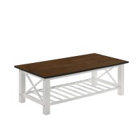 Viki 47 Inch Coffee Table, Crossbar, Slatted Open Shelf, White And Brown