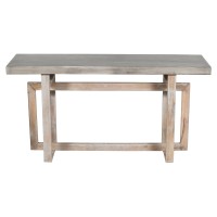59 Inch Artisan Crafted Farmhouse Console Table With Geometric Interlocked Base, Rustic Light Brown