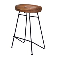 26 Inch Industrial Counter Height Stool, Contoured Mango Wood Seat, Iron, Cafe Brown, Black