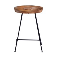 26 Inch Industrial Counter Height Stool, Contoured Mango Wood Seat, Iron, Cafe Brown, Black