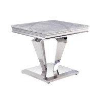 Satinka End Table In Light Gray Printed Faux Marble & Mirrored Silver Finish
