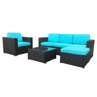 Cloud Mountain 6 Piece Patio Conversation Set Garden Cushioned Sectional Sofa Outdoor Furniture Set Wicker Couch Set, Dark Brown Wicker And Blue Cushion