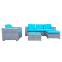 Cloud Mountain 6 Piece Patio Conversation Set Garden Cushioned Sectional Sofa Outdoor Furniture Set Wicker Couch Set, Grey Wicker And Blue Cushion