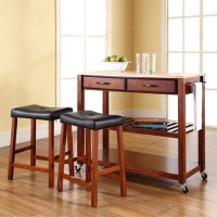 Natural Wood Top Kitchen Cart/Island In Classic Cherry Finish With 24 Cherry Upholstered Saddle Stools