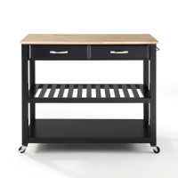 Natural Wood Top Kitchen Cart/Island With Optional Stool Storage In Black Finish