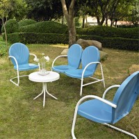 Griffith 4 Piece Metal Outdoor Conversation Seating Set - Loveseat & 2 Chairs In Sky Blue Finish With Side Table In White Finish