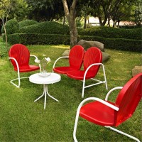 Griffith 4 Piece Metal Outdoor Conversation Seating Set - Loveseat & 2 Chairs In Red Finish With Side Table In White Finish