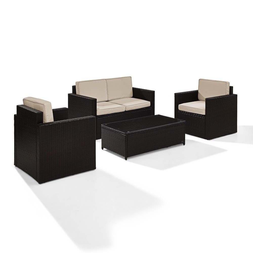 Palm Harbor 4 Piece Outdoor Wicker Seating Set With Sand Cushions - Loveseat, Two Chairs & Glass Top Table