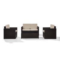 Palm Harbor 4 Piece Outdoor Wicker Seating Set With Sand Cushions - Loveseat, Two Chairs & Glass Top Table