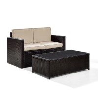 Palm Harbor 2 Piece Outdoor Wicker Seating Set With Sand Cushions - Loveseat & Glass Top Table