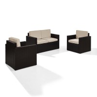 Palm Harbor 3 Piece Outdoor Wicker Seating Set With Sand Cushions - Loveseat & Two Outdoor Chairs