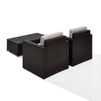 Palm Harbor 3 Piece Outdoor Wicker Seating Set With Gray Cushions - Two Outdoor Wicker Chairs & Glass Top Table