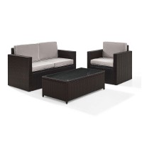 Palm Harbor 3 Piece Outdoor Wicker Seating Set With Gray Cushions - Loveseat, Chair & Glass Top Table