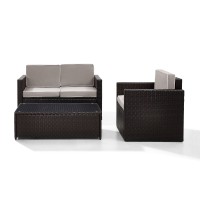 Palm Harbor 3 Piece Outdoor Wicker Seating Set With Gray Cushions - Loveseat, Chair & Glass Top Table