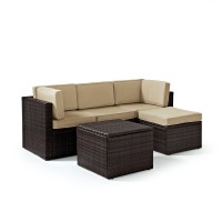 Palm Harbor 5 Piece Outdoor Wicker Seating Set With Sand Cushions - Two Corner Chairs, Center Chair, Ottoman & Coffee Sectional Table