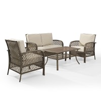 Tribeca 4 Piece Outdoor Wicker Seating Set With Sand Cushions - Loveseat, 2 Arm Chairs, And Coffee Table