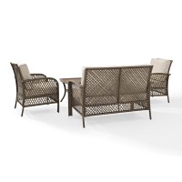 Tribeca 4 Piece Outdoor Wicker Seating Set With Sand Cushions - Loveseat, 2 Arm Chairs, And Coffee Table