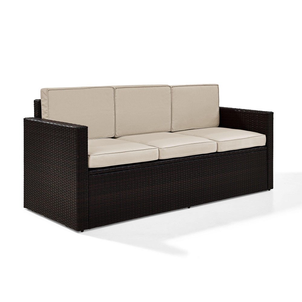 Palm Harbor Outdoor Wicker Sofa In Brown With Sand Cushions