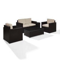Palm Harbor 5-Piece Outdoor Wicker Conversation Set With Sand Cushions - Loveseat, Two Arm Chairs, Side Table & Glass Top Table