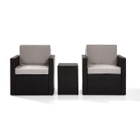 Palm Harbor 3-Piece Outdoor Wicker Conversation Set With Gray Cushions -- Two Swivel Chairs & Side Table