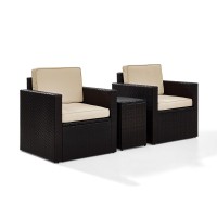 Palm Harbor 3-Piece Outdoor Wicker Conversation Set With Sand Cushions -- Two Swivel Chairs & Side Table