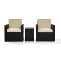 Palm Harbor 3-Piece Outdoor Wicker Conversation Set With Sand Cushions -- Two Swivel Chairs & Side Table
