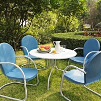 Griffith Metal Five Piece Outdoor Dining Set - 39 Dining Table In White Finish With Sky Blue Finish Chairs