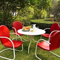 Griffith Metal Five Piece Outdoor Dining Set - 39 Dining Table In White Finish With Red Finish Chairs