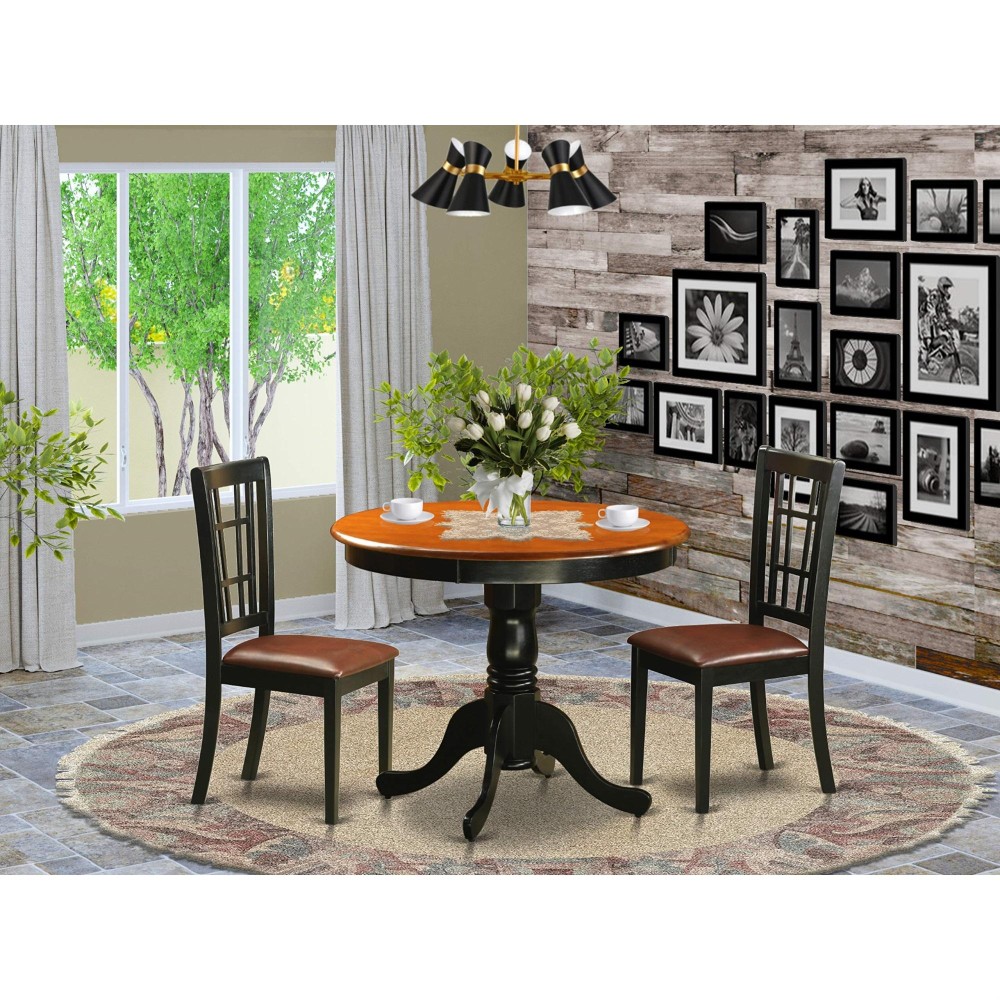 Anni3-Blk-Lc 3 Pc Dining Table With 2 Leather Chairs In Black And Cherry