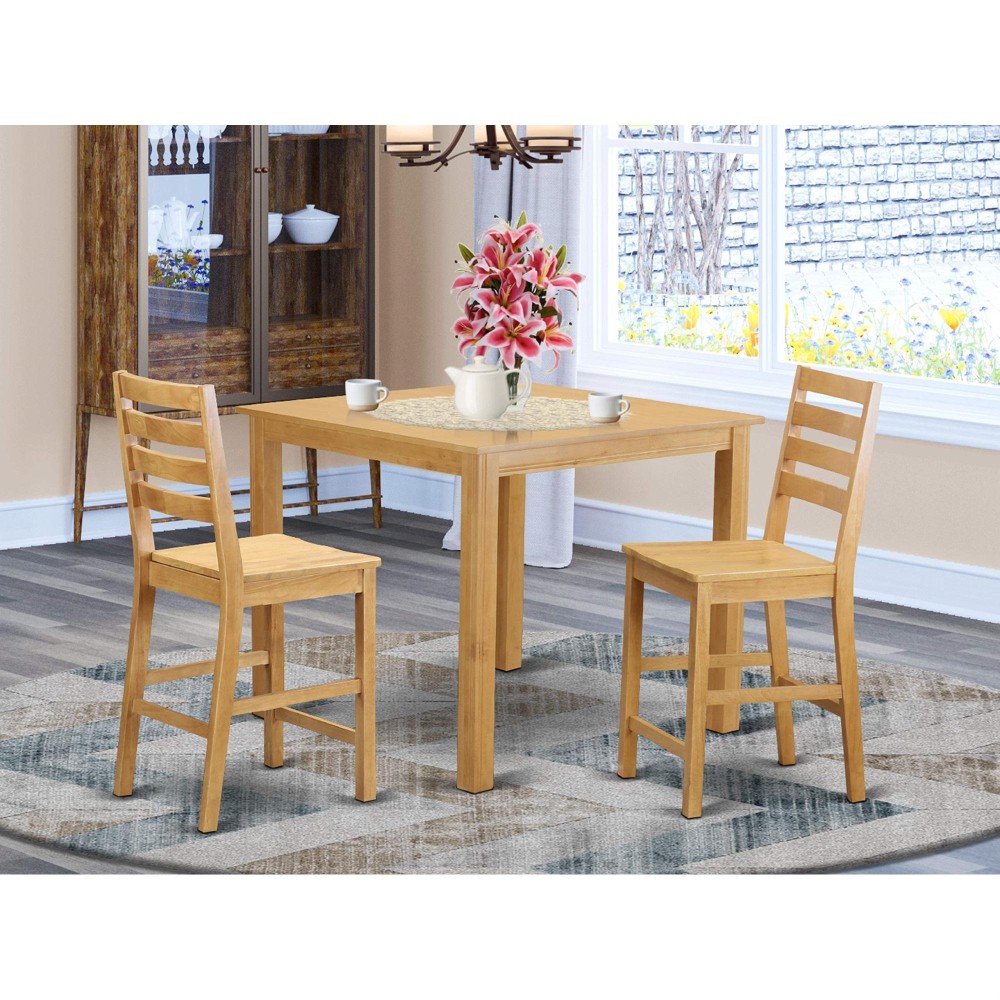 Cafe3-Oak-W 3 Pc Pub Table Set - Counter Height Table And 2 Dining Chairs.