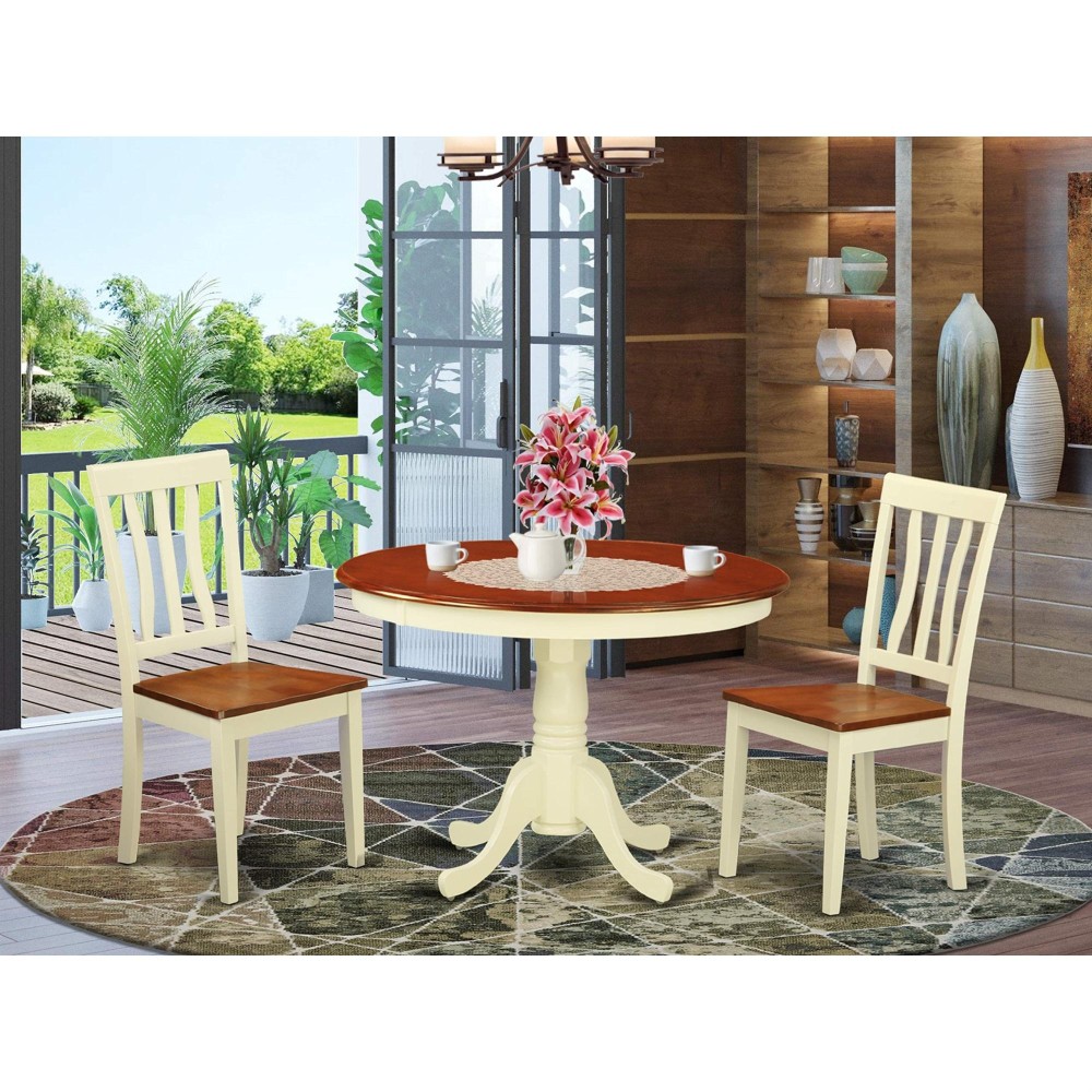 Hlan3-Bmk-W 3 Pc Set With A Round Dinette Table And 2 Wood Kitchen Chairs In Buttermilk And Cherry .
