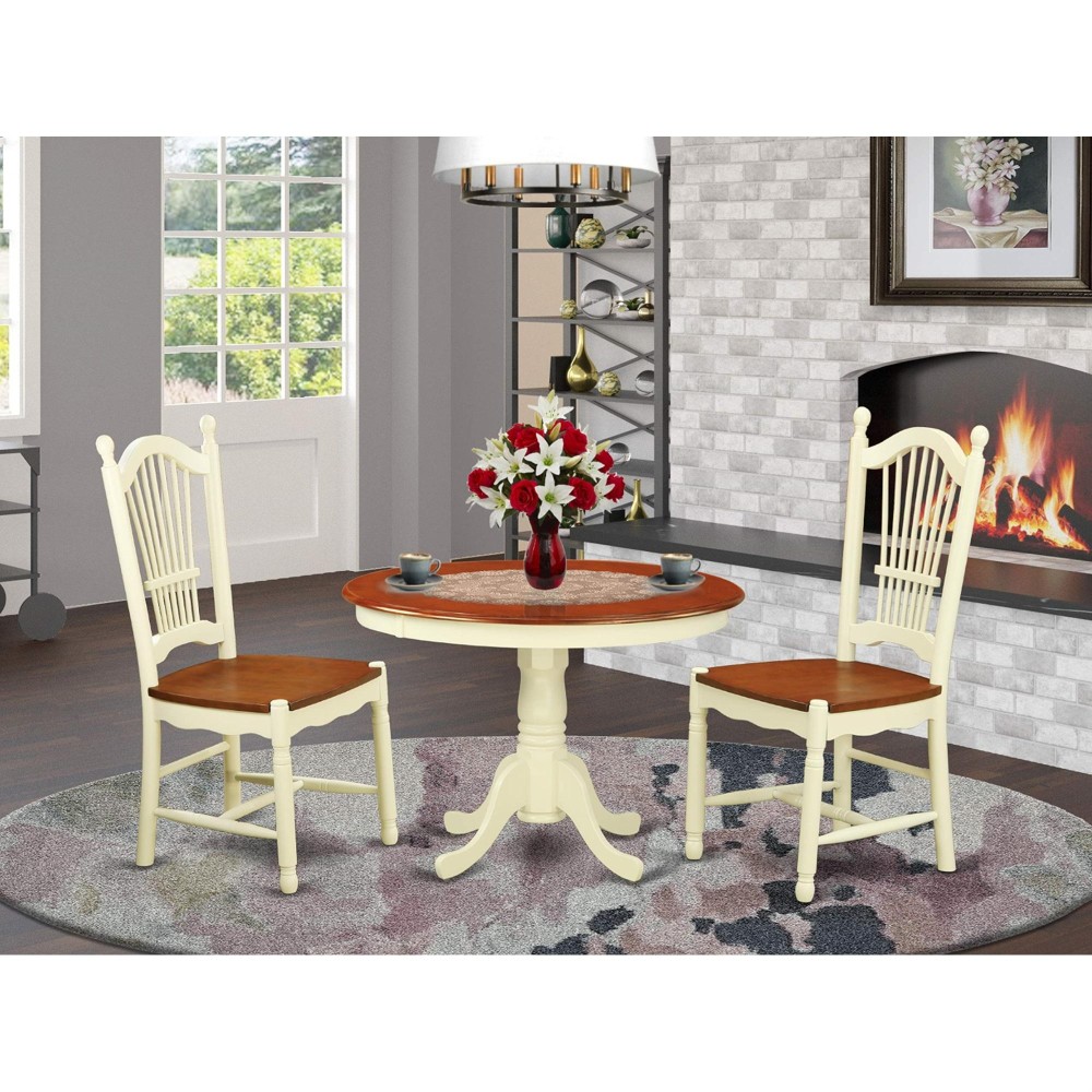 Hldo3-Bmk-W 3 Pc Set With A Round Small Table And 2 Leather Kitchen Chairs In Buttermilk And Cherry .