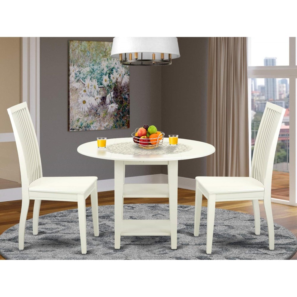 Suip3-Lwh-W 3 Piece Sudbury Set With 1 Round Dinette Table And 2 Dinette Chairs With Wood Seat In A Elegant Linen White Finish.