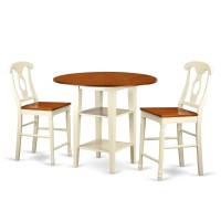 Suke3H-Bmk-W 3 Piece Sudbury Set With One Round Counter Height Dinette Table And 2 Napolian Dinette Stools With Wood Seat In A Elegant Buttermilk And Cherry Finish.