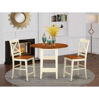 Suqu3H-Bmk-W 3 Piece Sudbury Set With One Round Counter Height Dinette Table And 2 X Back Dinette Stools With Wood Seat In A Warm Buttermilk And Cherry Finish.