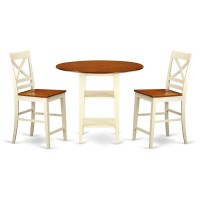 Suqu3H-Bmk-W 3 Piece Sudbury Set With One Round Counter Height Dinette Table And 2 X Back Dinette Stools With Wood Seat In A Warm Buttermilk And Cherry Finish.