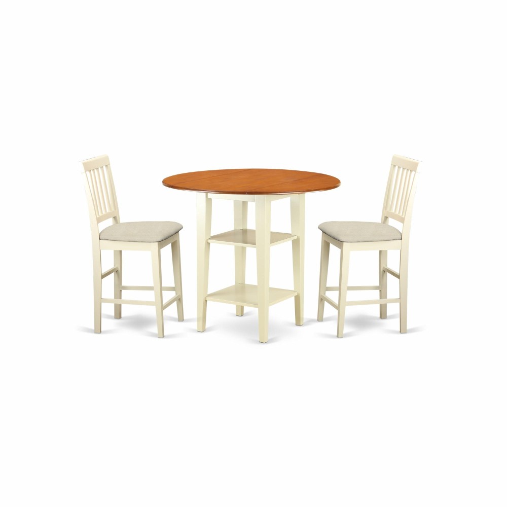 Suvn3H-Bmk-C 3 Piece Sudbury Set With One Round Counter Height Dinette Table And 2 Slat Dinette Stools With Cushion Seat In A Rich Buttermilk And Cherry Finish.