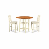Suvn3H-Bmk-C 3 Piece Sudbury Set With One Round Counter Height Dinette Table And 2 Slat Dinette Stools With Cushion Seat In A Rich Buttermilk And Cherry Finish.