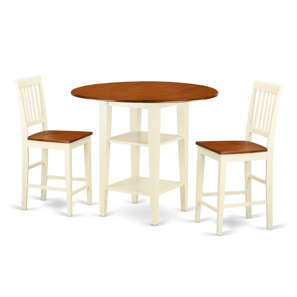 Suvn3H-Bmk-W 5 Piece Sudbury Set With One Round Counter Height Dinette Table And 4 Slat Dinette Stools With Wood Seat In A Rich Buttermilk And Cherry Finish.