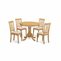 East West Furniture Antique 5 Piece Room Set Includes A Round Wooden Table With Pedestal And 4 Linen Fabric Kitchen Dining Chairs, 36X36 Inch, Anti5-Oak-C
