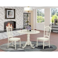 East West Furniture Dldo3-Whi-W Dublin 3 Piece Room Set Contains A Round Kitchen Table With Dropleaf And 2 Dining Chairs, 42X42 Inch, Linen White