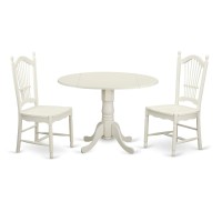 East West Furniture Dldo3-Whi-W Dublin 3 Piece Room Set Contains A Round Kitchen Table With Dropleaf And 2 Dining Chairs, 42X42 Inch, Linen White