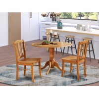 East West Furniture Dlin3-Oak-W 3 Piece Set For Small Spaces Contains A Round Dining Room Table With Dropleaf And 2 Wood Seat Chairs, 42X42 Inch