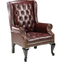 Lorell 777 Qa Queen Anne Wing-Back Reception Chair - Burgundy Vinyl Seat - Mahogany Hardwood Frame - Four-Legged Base - Oxblood - Wood - 1 Each