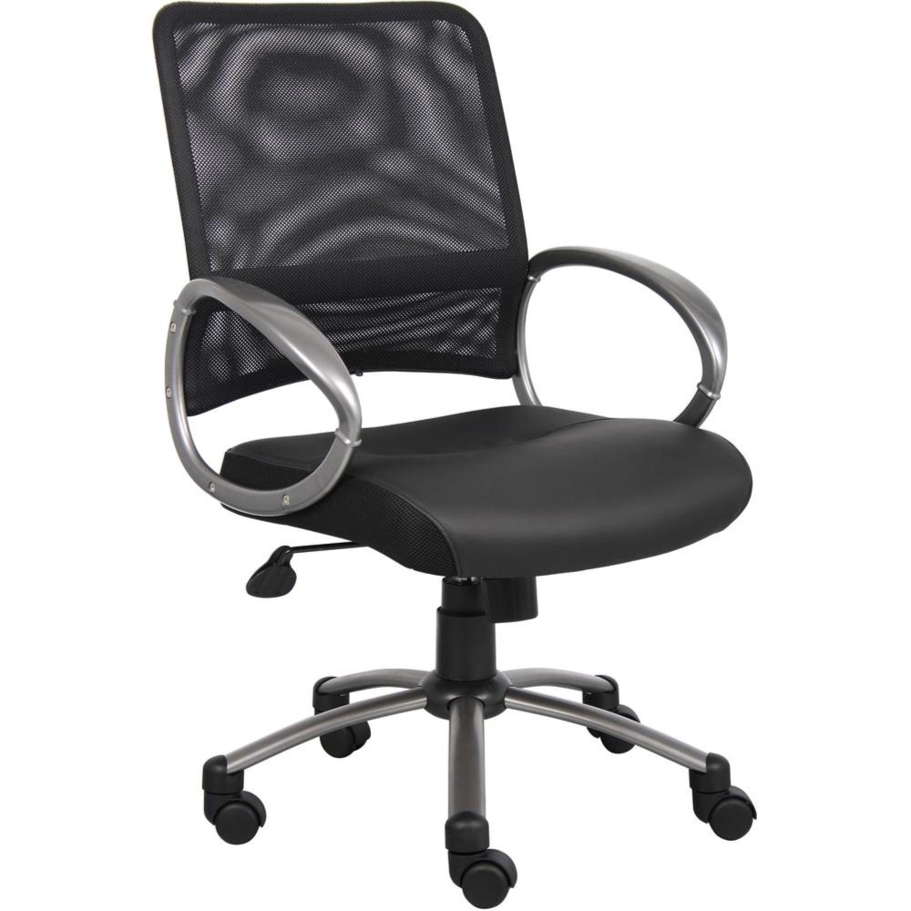 Lorell Mid Back Task Chair - Black Leather Seat - 5-Star Base - Black - 1 Each