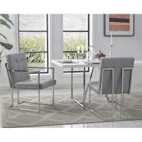 Evan Pu Leather Button Tufted Square Arm Chrome Frame Dining Chair Set Of 2, Light Grey