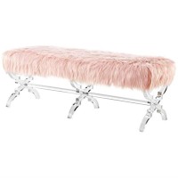 Brayden Faux Fur Acrylic X-Leg Bench , Rose