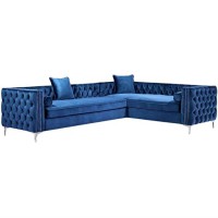 Levi Velvet Modern Contemporary Button Tufted With Silver Nailhead Trim Metal Y-Leg Right Facing Corner Sectional Sofa , Navy