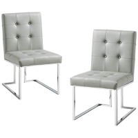 Evan Pu Leather Button Tufted Armless Chrome Frame Dining Chair Set Of 2, Light Grey